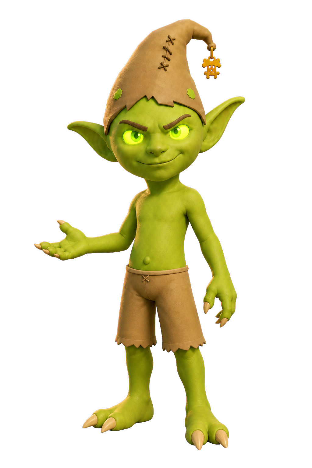 Gobbi, the green goblin wearing his stitched wizard hat